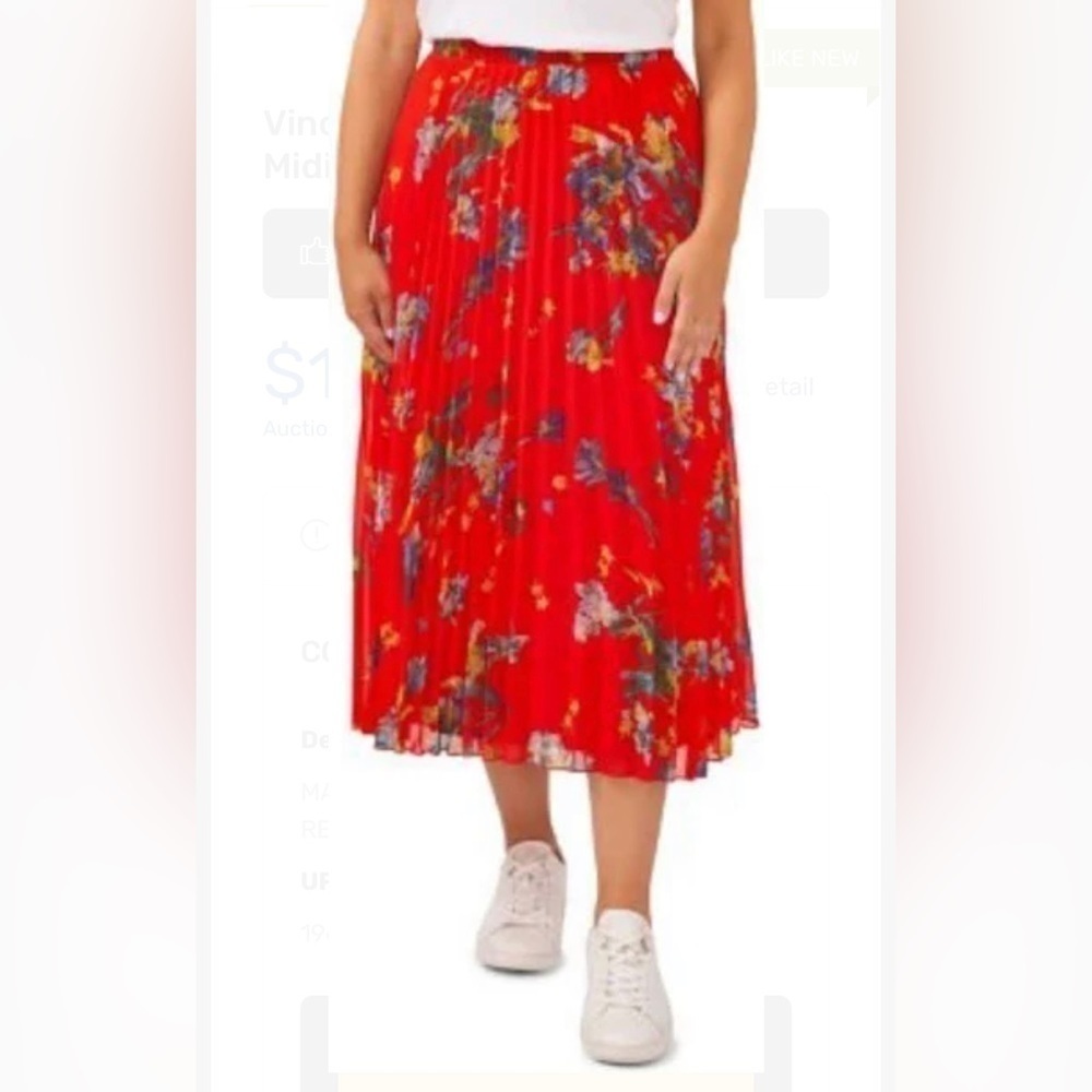 Vince Camuto Red Floral Pleated Midi Skirt
